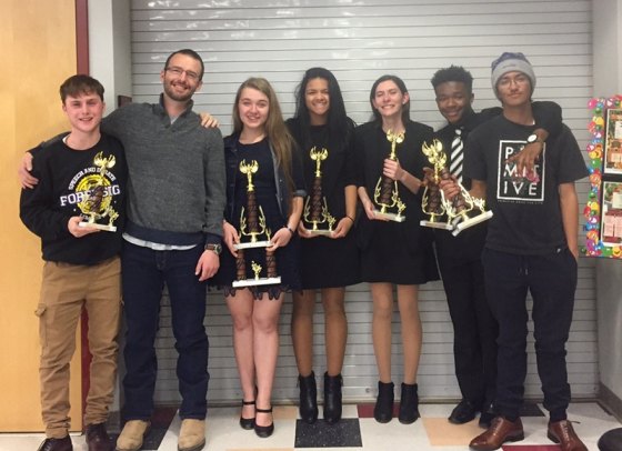 Speech qualifiers, L to R, Hunter Nash, Mathew Martins, Dara Sareda, Keziah Willis, Maggie Franckhauser, Moses Taylor and Josh Leavitt.